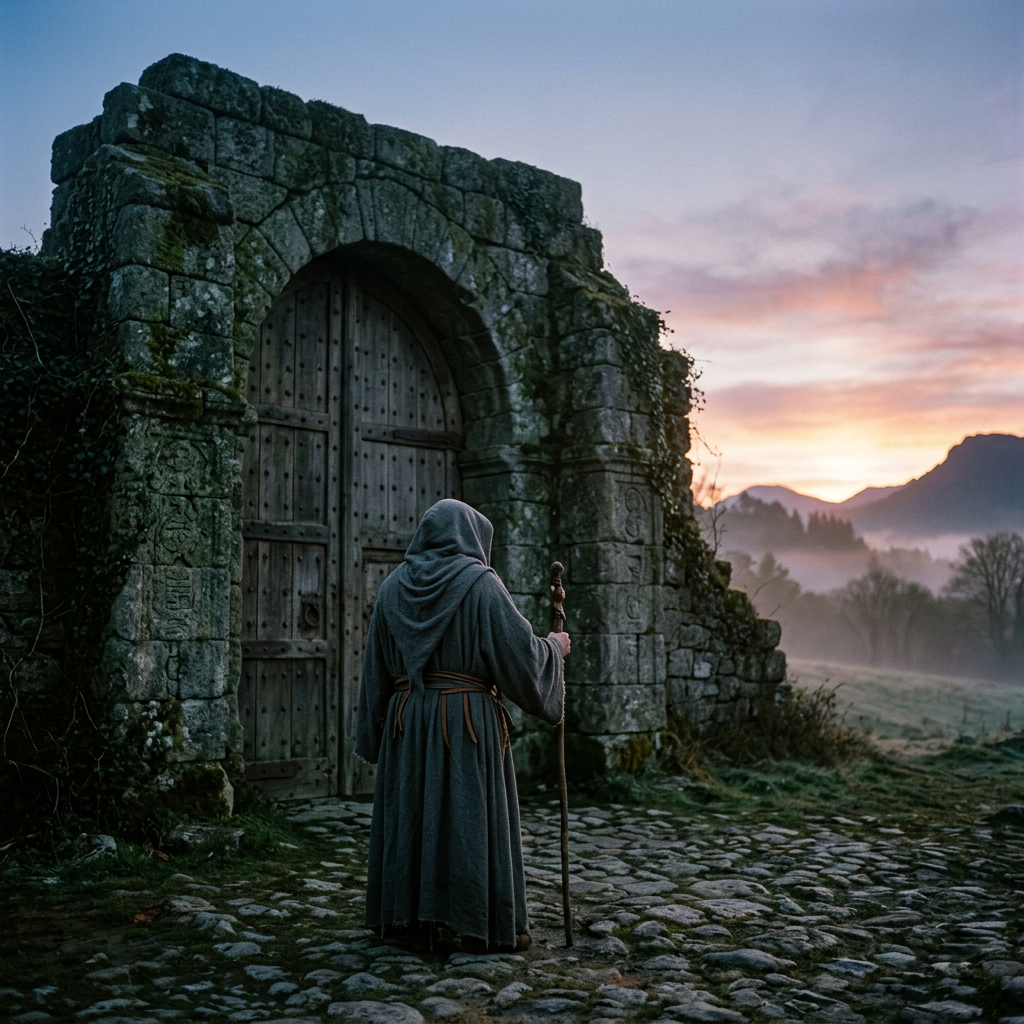 A hooded person with a staff stands in front of a large ancient wooden gate set in an old stone archway.