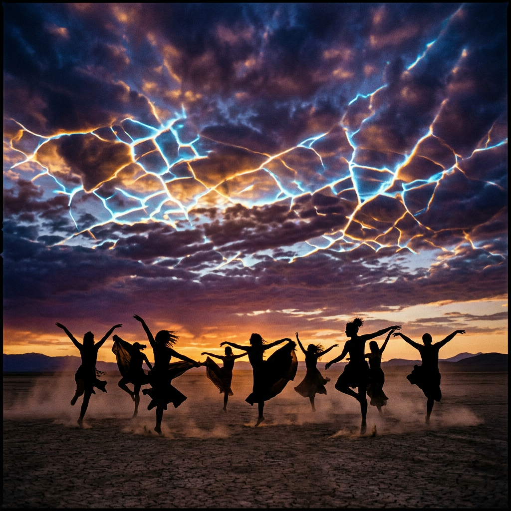 Silhouettes of dancers with raised arms and flowing skirts on cracked dry ground during sunset with a colorful fractured sky above