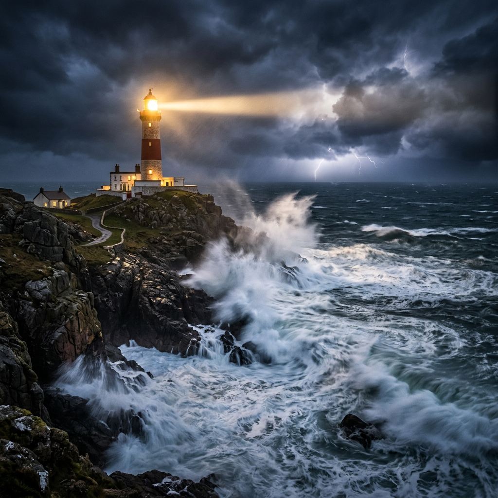 Lighthouse with bright beam over rocky coastline during storm with lightning and rough sea
