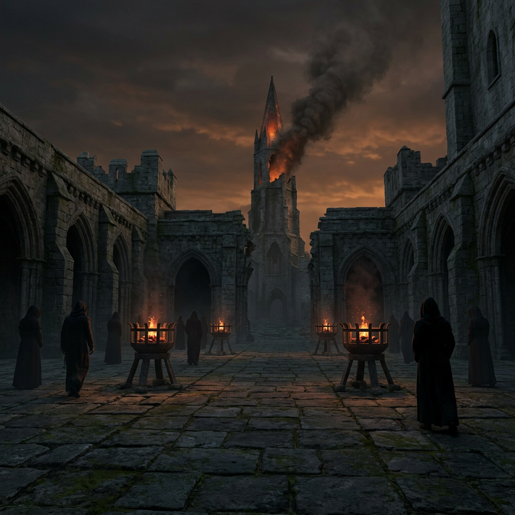 Stone courtyard of monastery with monks in robes near braziers and burning church tower