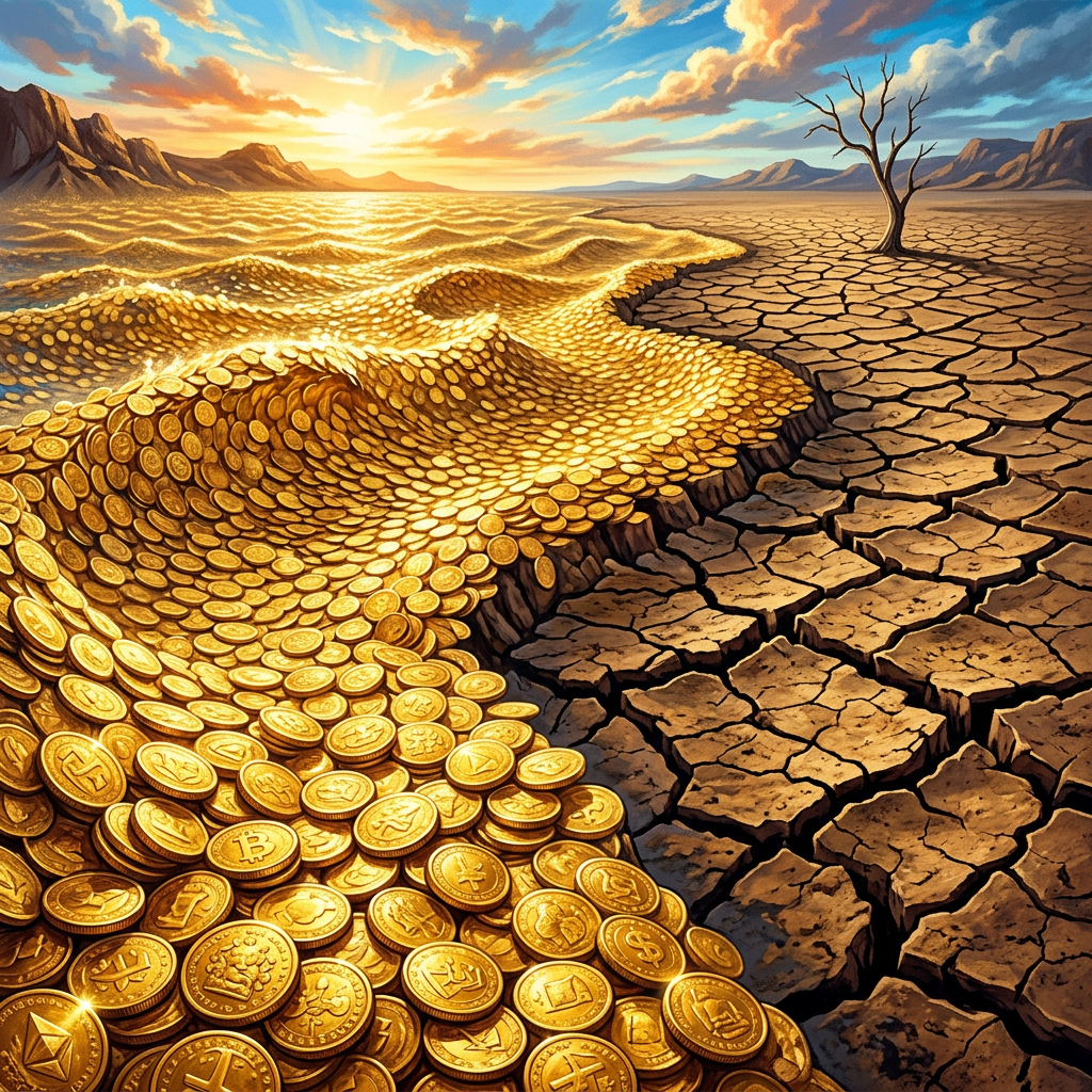 Wave of golden cryptocurrency coins next to cracked dry desert ground with a lone dead tree