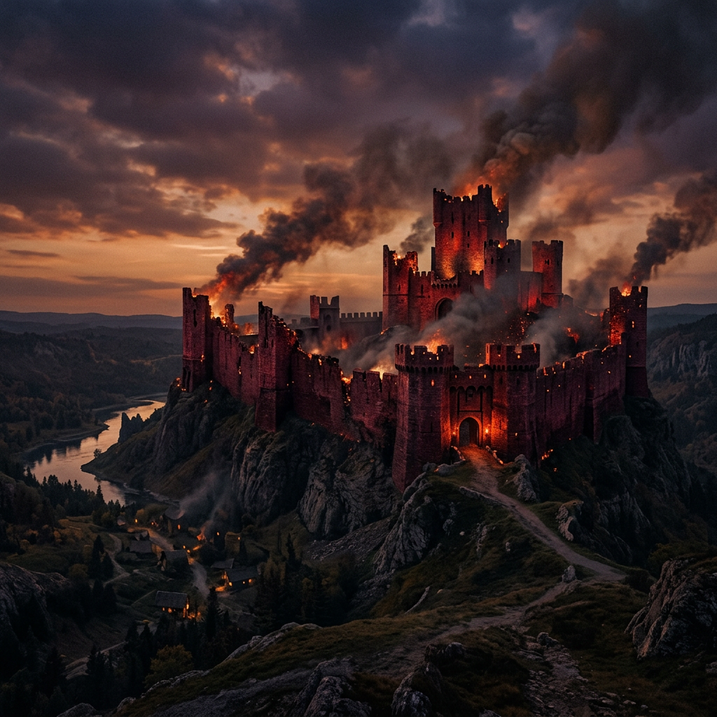 Large medieval castle burning with flames and smoke during sunset