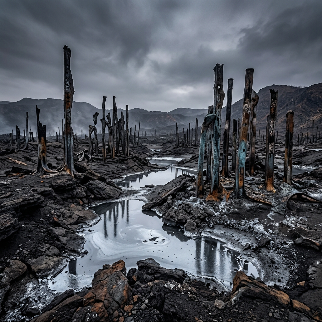Charred tree trunks standing in a barren volcanic landscape with pools of water and dark mountains