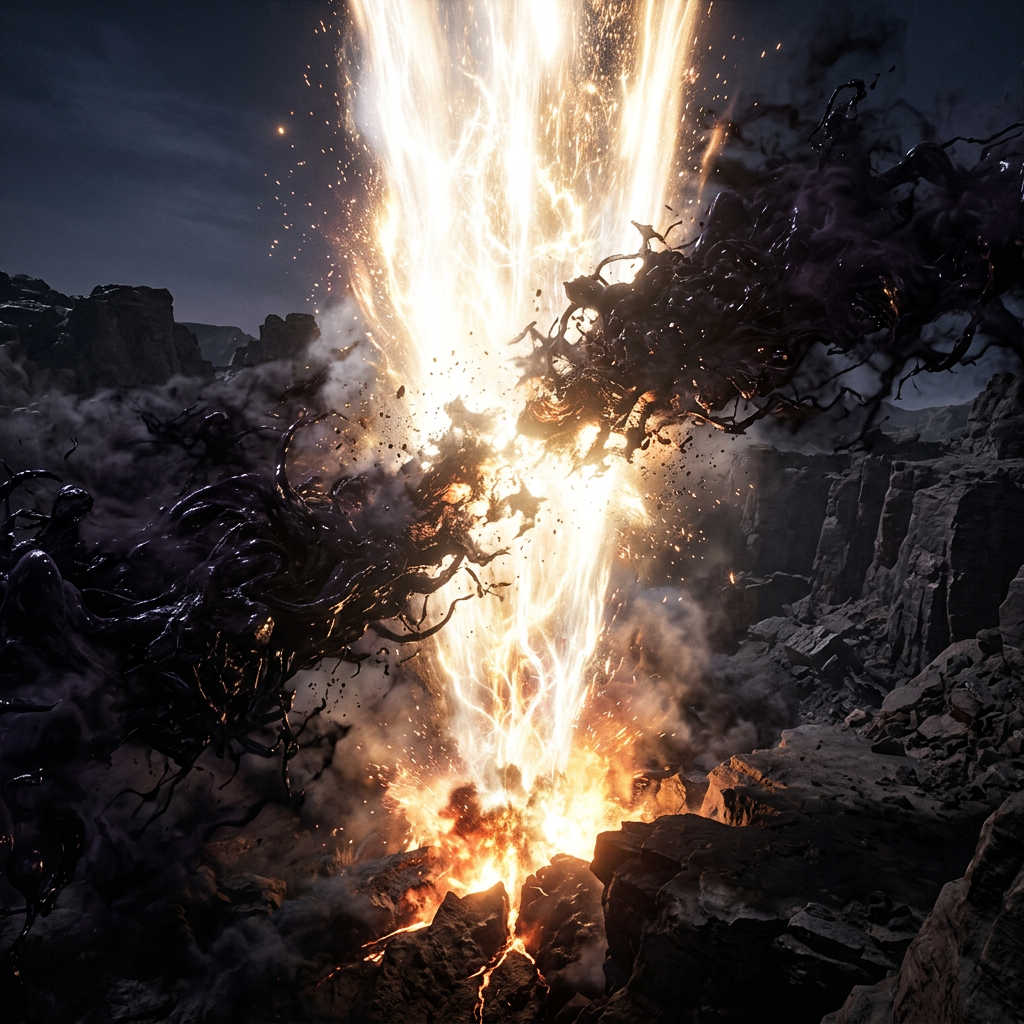 Bright energy beam emanating upwards with dark swirling tendrils in rocky canyon