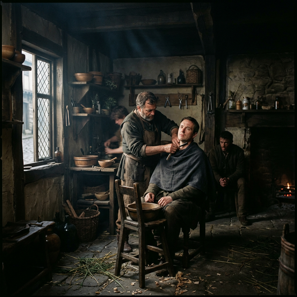 A man giving a straight razor shave to a seated customer inside a rustic interior with another man sitting by the fireplace