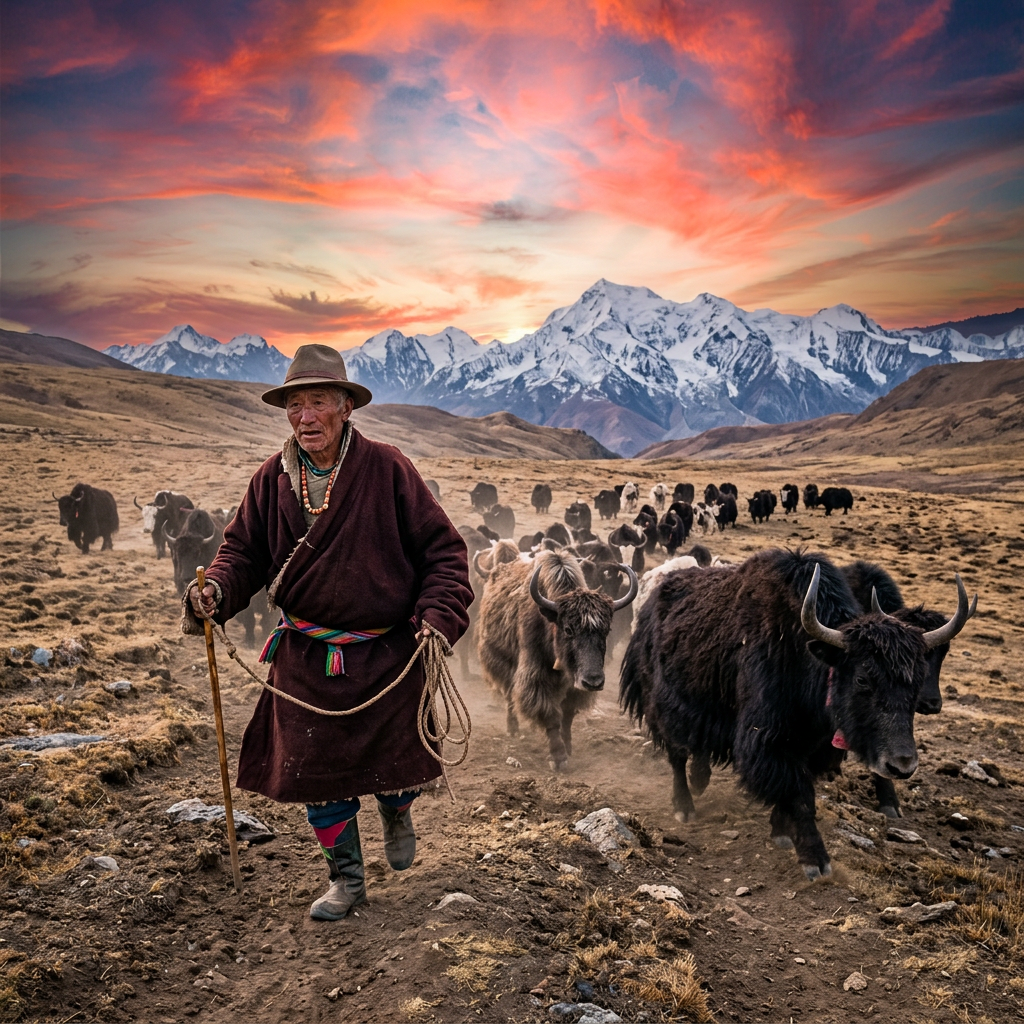 Elderly yak herder walking with a herd of yaks in a mountainous terrain during sunset