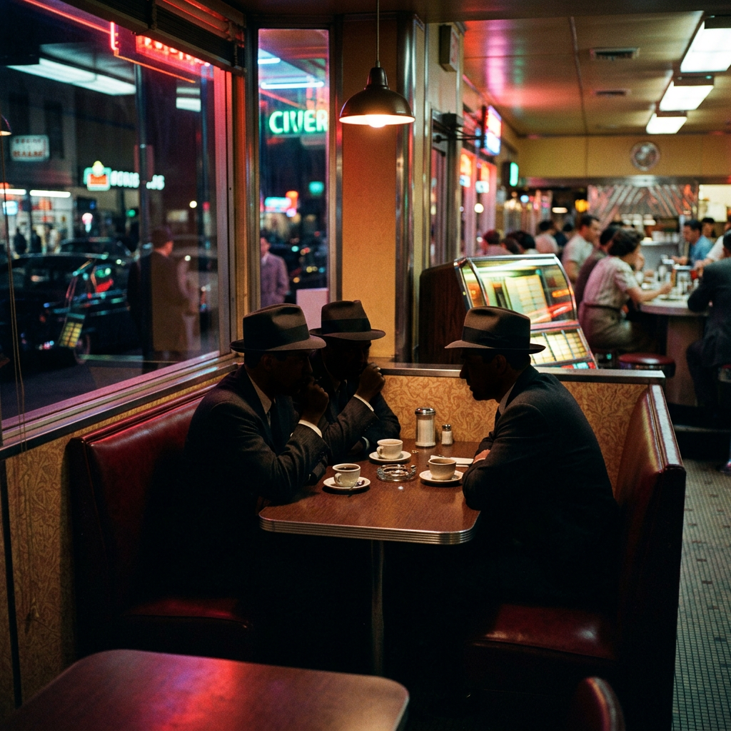 Three men wearing hats sitting in a diner booth, drinking coffee at night