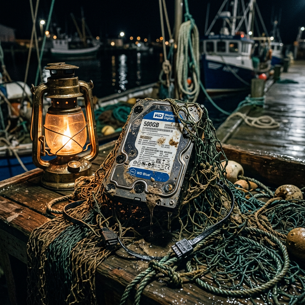Western Digital 500GB hard drive covered with sand and water on fishing nets by a dock lantern