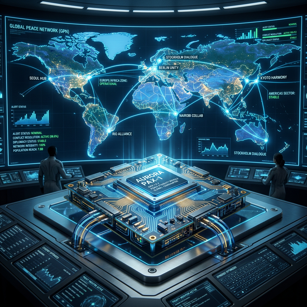 Control room displaying global peace network map and data with microchip interface