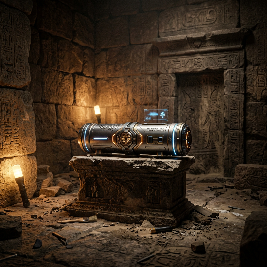 Futuristic cylindrical device emitting blue light on an ancient stone pedestal with hieroglyphs inside an Egyptian-style tomb