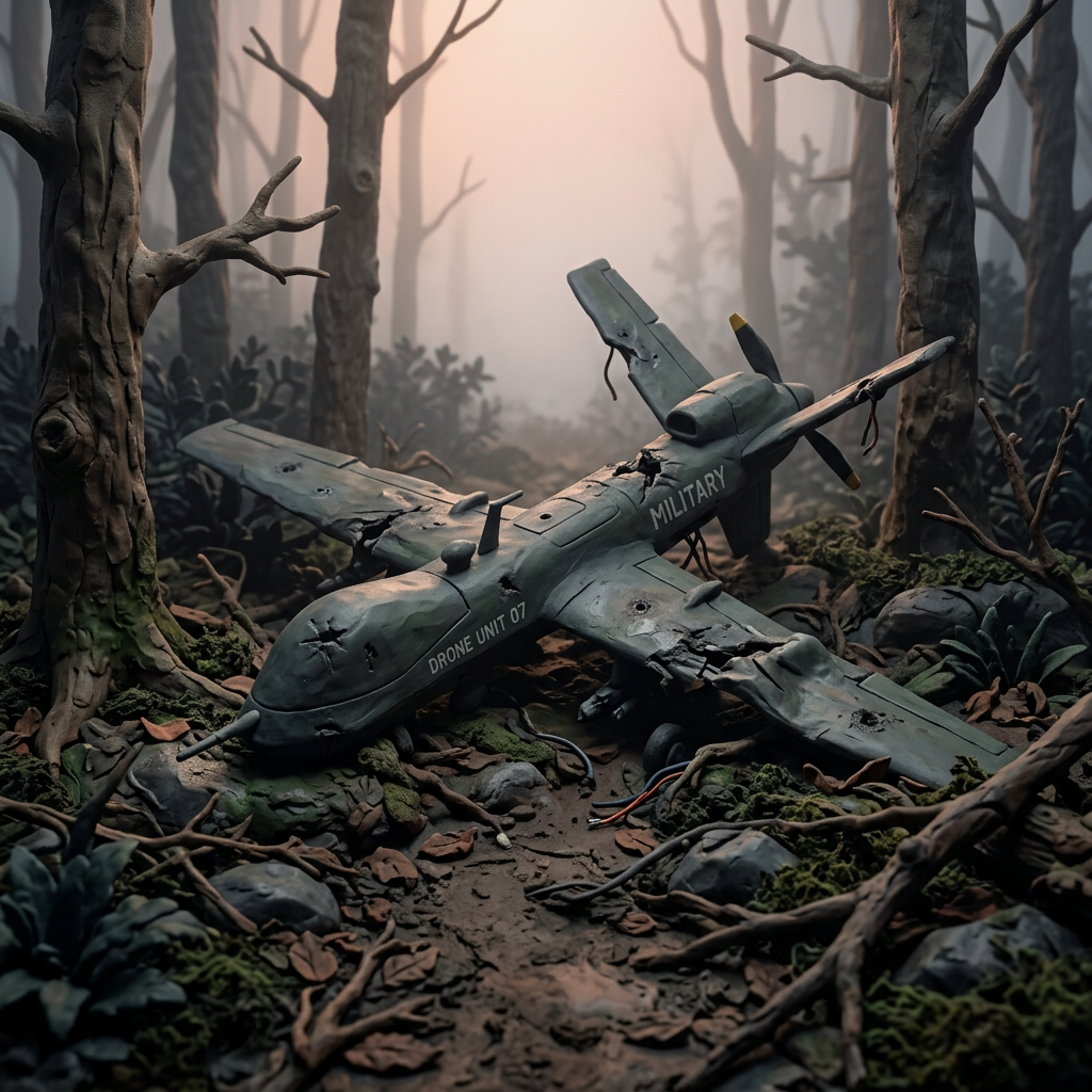 Damaged military drone crashed in forest with broken wings and bullet holes