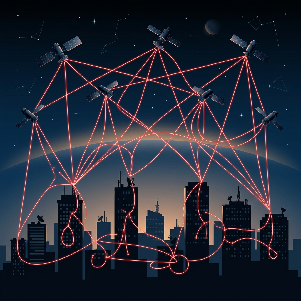 Satellites connected by red light beams exchanging data with city buildings at night
