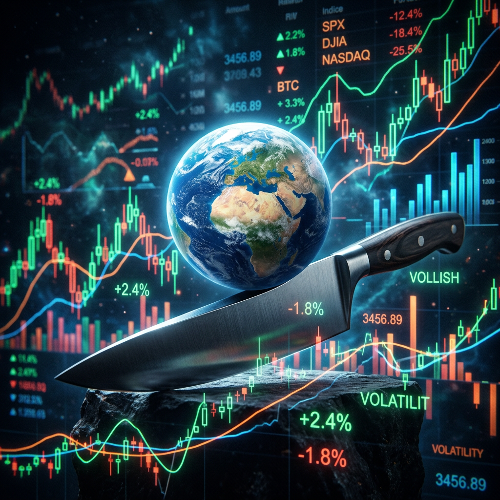 Globe balanced on knife blade with stock market charts showing volatility and percentage changes