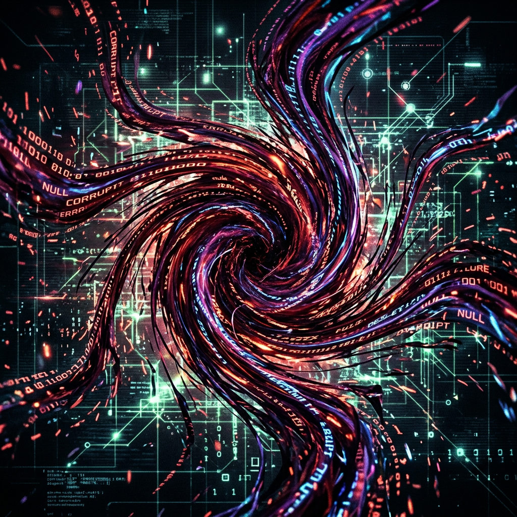 Swirling vortex with digital binary code and error messages like 'NULL' and 'CORRUPT'