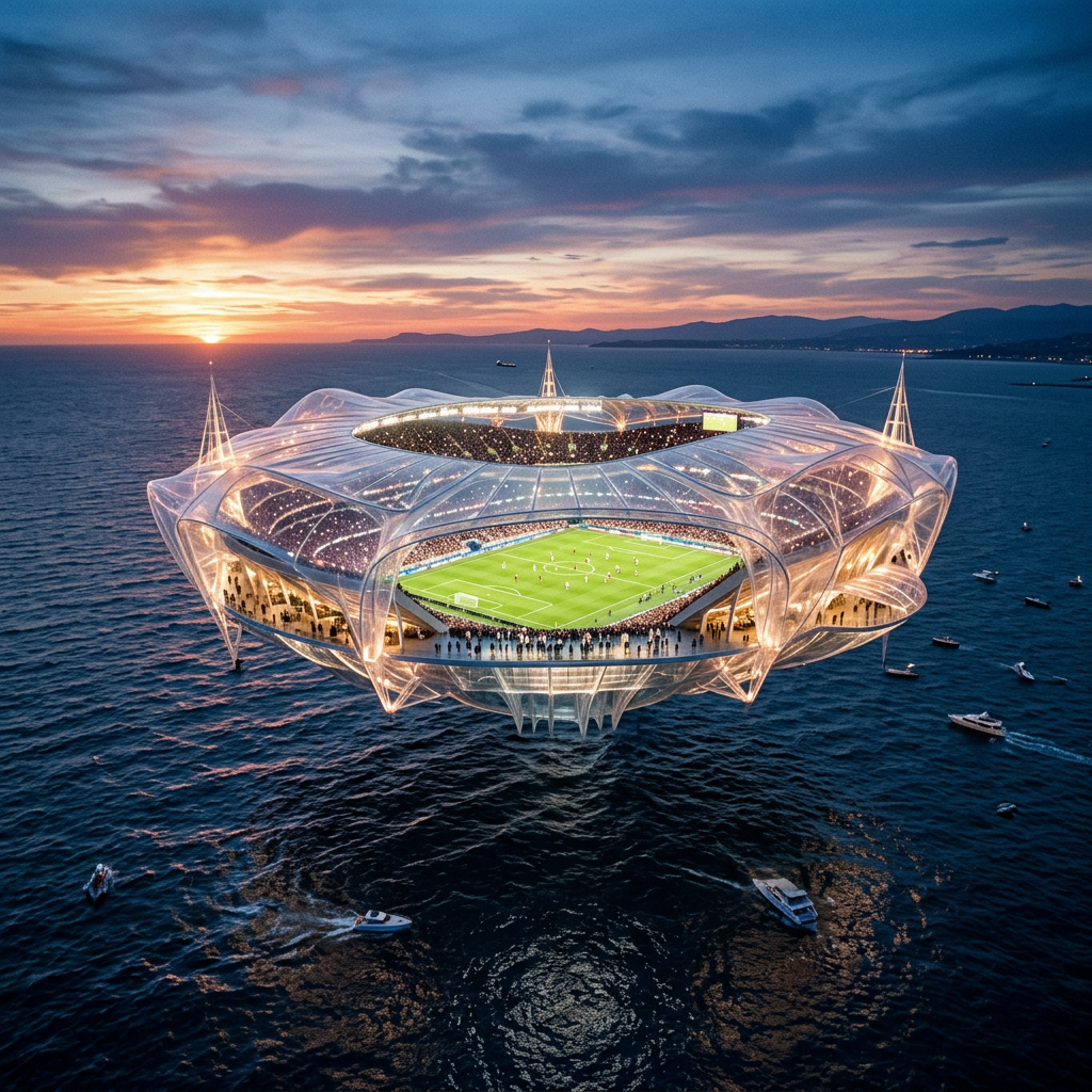 Transparent floating soccer stadium above ocean during sunset with players on the field and spectators
