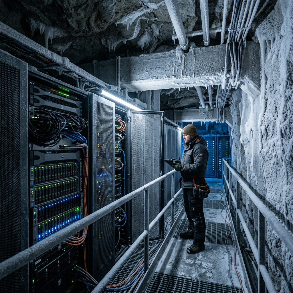 Technician checking server racks in icy underground data center corridor