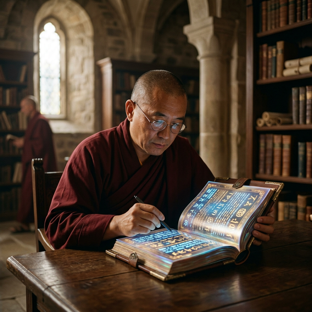 Monk in glasses writing in an illuminated manuscript with glowing mystical symbols in a stone library