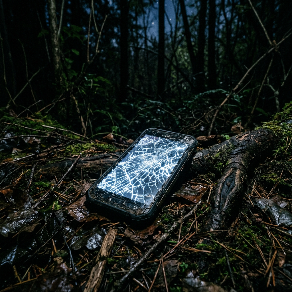 Shattered smartphone with cracked screen on forest floor covered with leaves and moss.