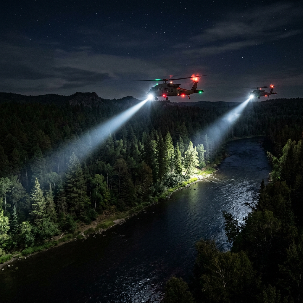 Two helicopters flying over a forested river at night with spotlights illuminating the trees and water below