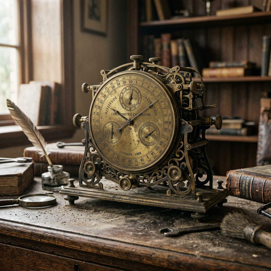 Brass chronometer calibrator dated 1888 with dials for altitude, azimuth, and other measurements