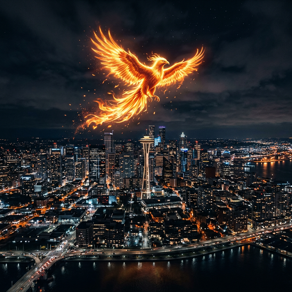 Glowing fiery phoenix flying over the Seattle skyline at night with the Space Needle visible