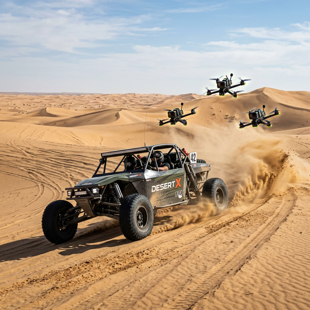 Desert off-road buggy racing with three filming drones flying close behind