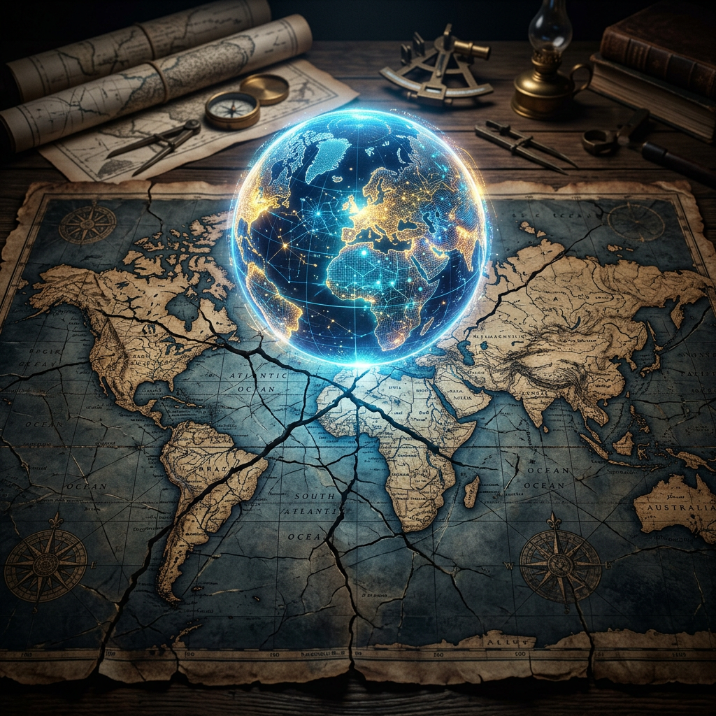 Holographic digital globe with illuminated continents above an old world map