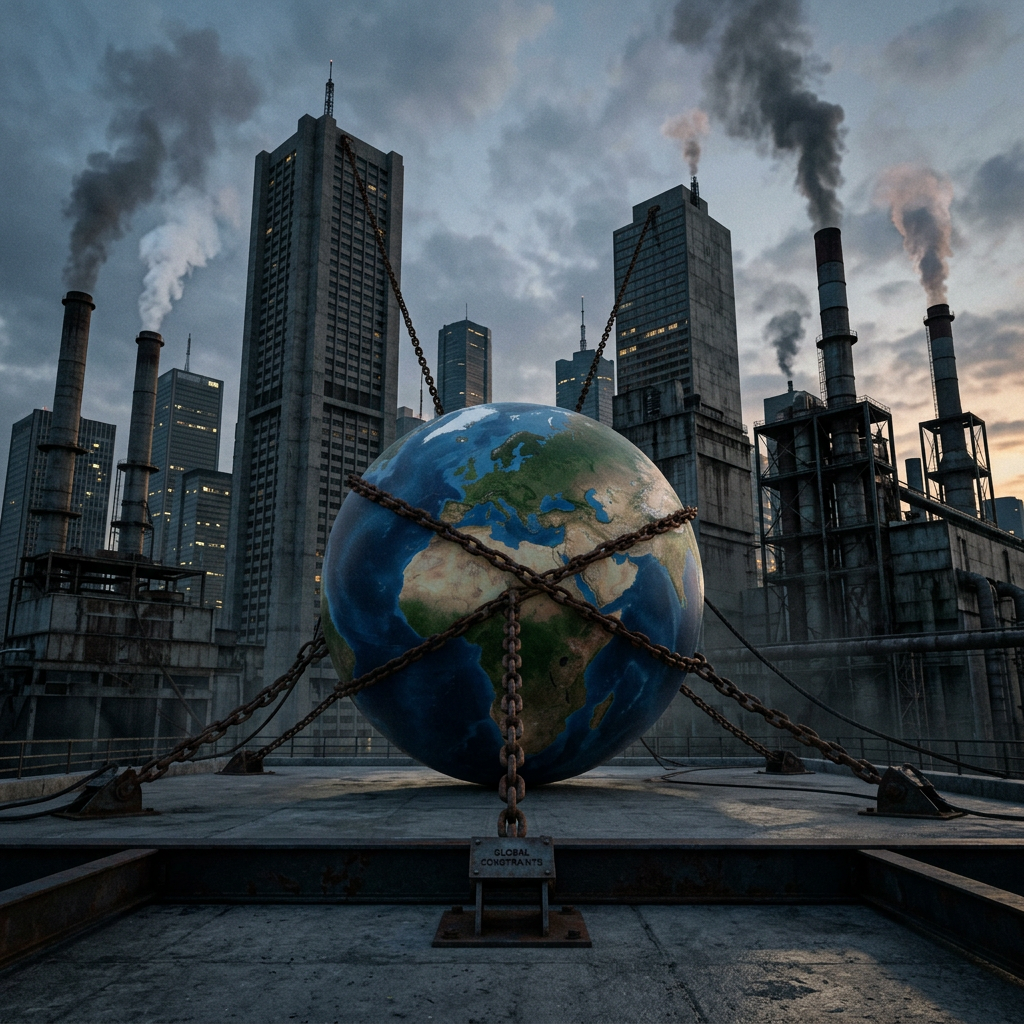 Globe chained and secured on rooftop with industrial buildings and smoke stacks emitting pollution in background