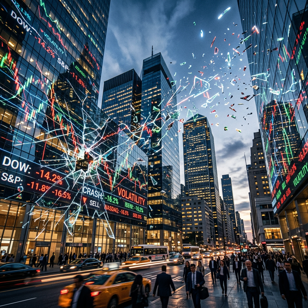City street scene with digital stock market data and shattered glass effect