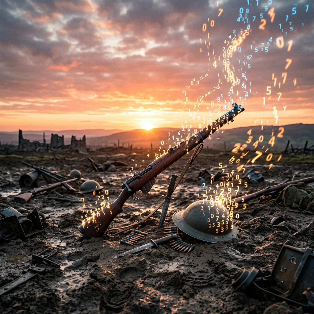 Rifle and helmet on muddy battlefield with glowing numbers rising