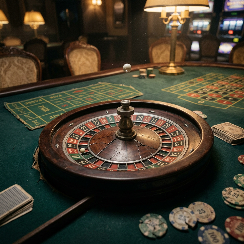 Roulette wheel spinning with ball in motion on casino table with chips and cards