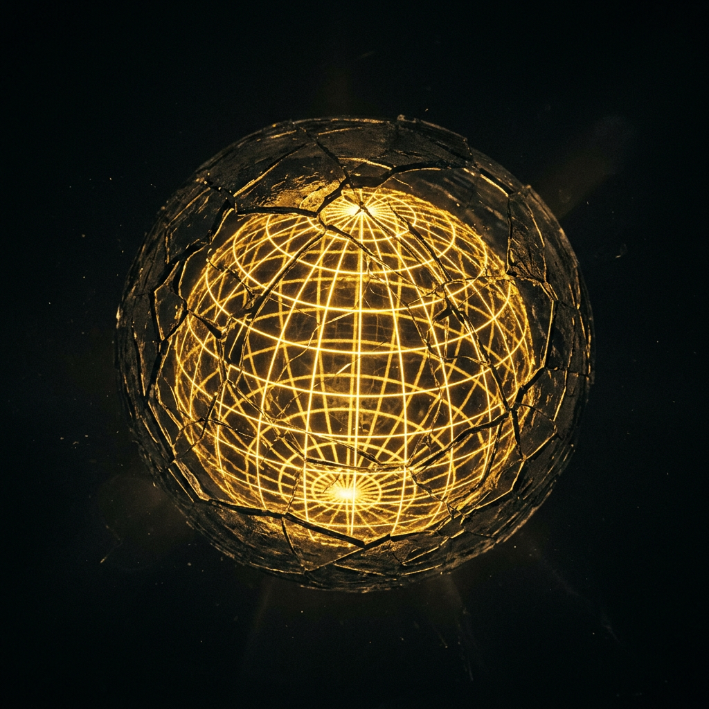Glowing spherical structure with interconnected golden grid lines and visible cracks on the surface.