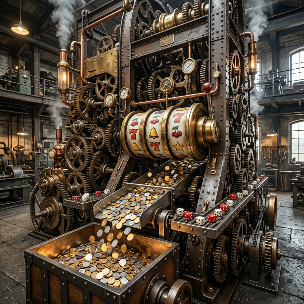 Steampunk slot machine with spinning reels and coins pouring into a wooden chest