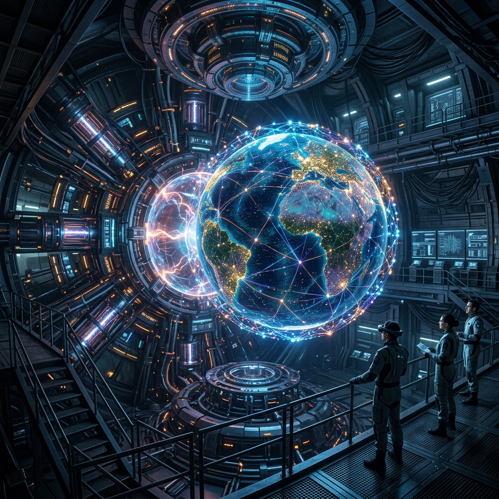 Digital hologram of Earth showing network connections inside futuristic control center with scientists