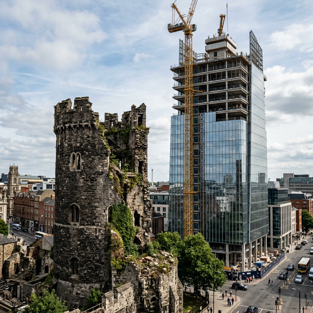 Medieval stone castle ruins beside a modern skyscraper under construction