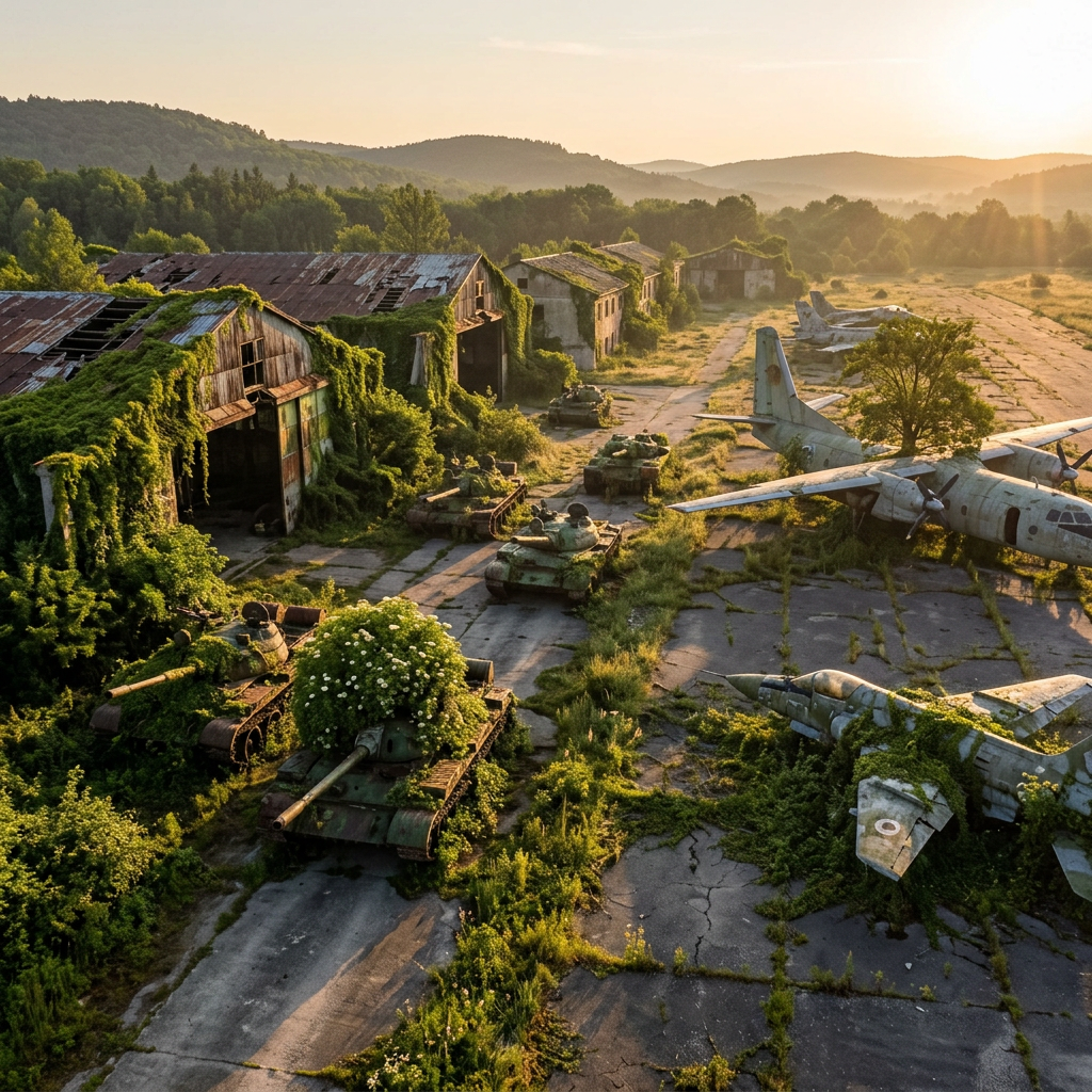Abandoned military tanks and airplanes overgrown with vegetation at a rundown base