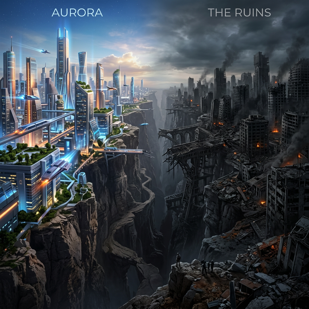Futuristic city with flying vehicles and greenery next to a destroyed city with crumbling buildings and smoke