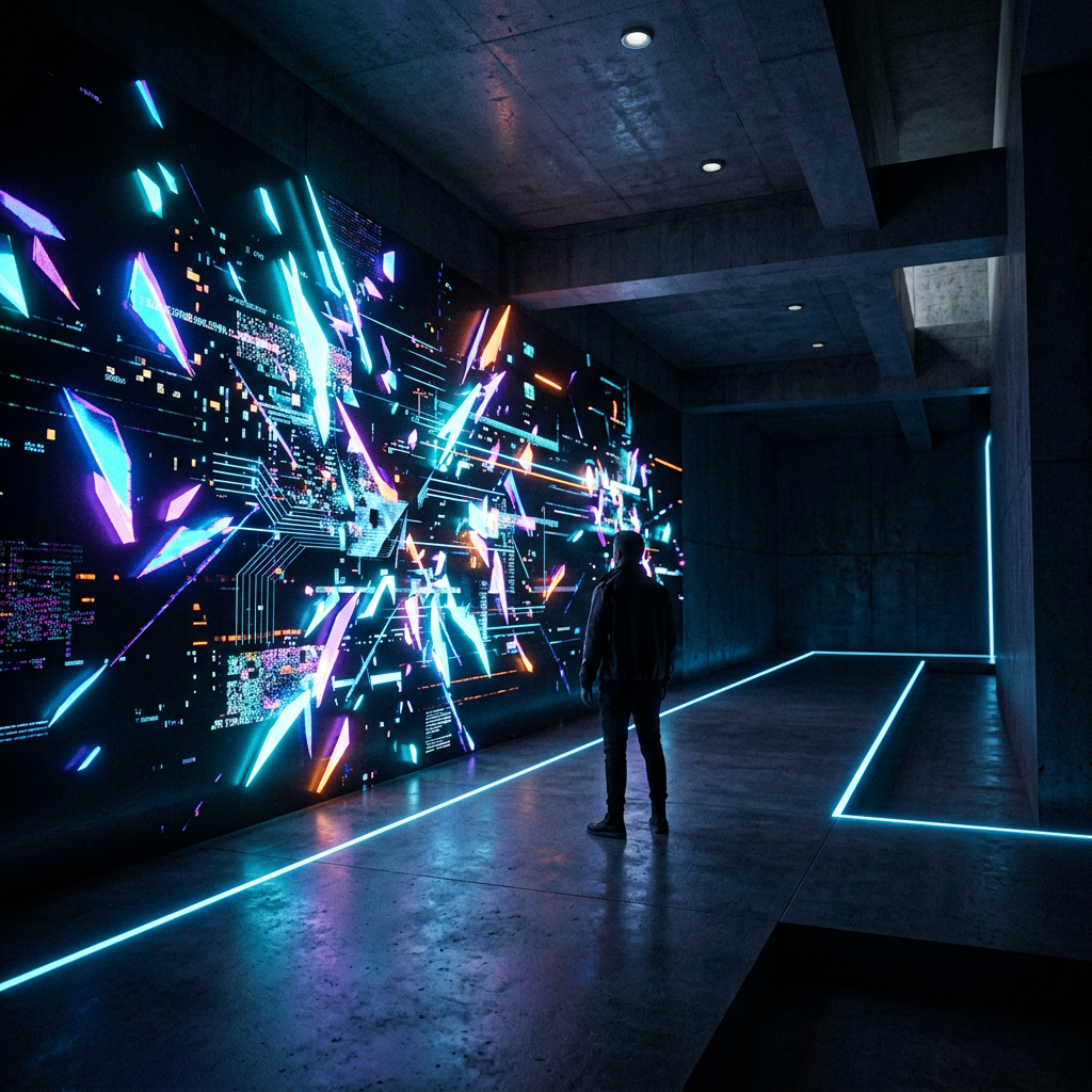 Person standing in front of a large wall with glowing neon digital data visualizations