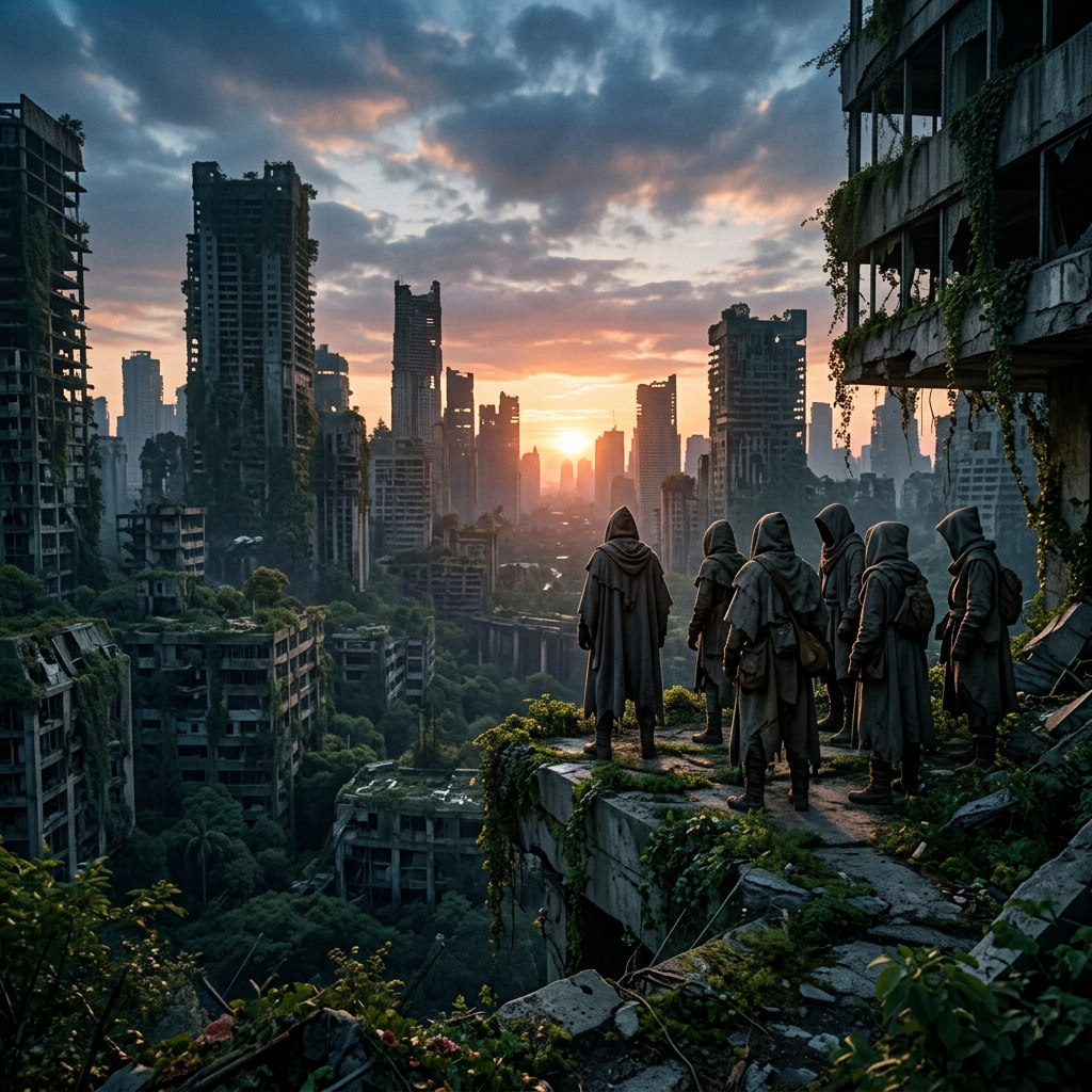 Six hooded figures in cloaks standing on a ruined building, overlooking an overgrown, abandoned city at sunset.