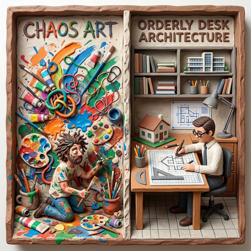 Divided scene of a messy artist creating with paints and brushes on one side and a neat architect drawing blueprints at a desk on the other.