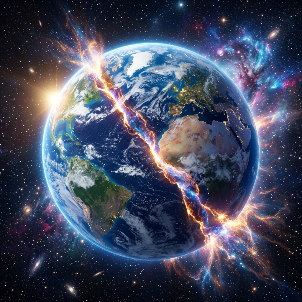 Earth split by glowing cosmic energy fissure in space