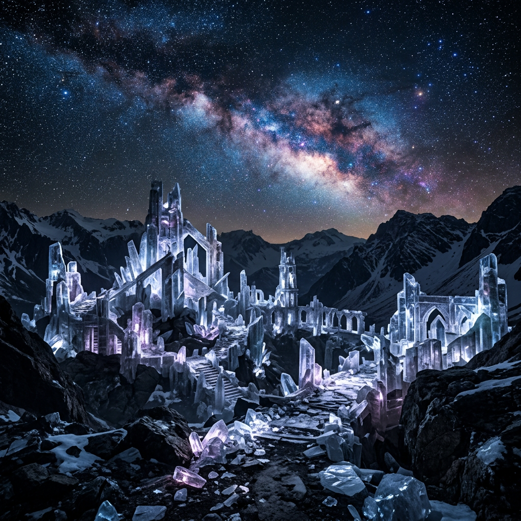 Ruins made of glowing crystals with snow-covered mountains and a vibrant Milky Way galaxy overhead