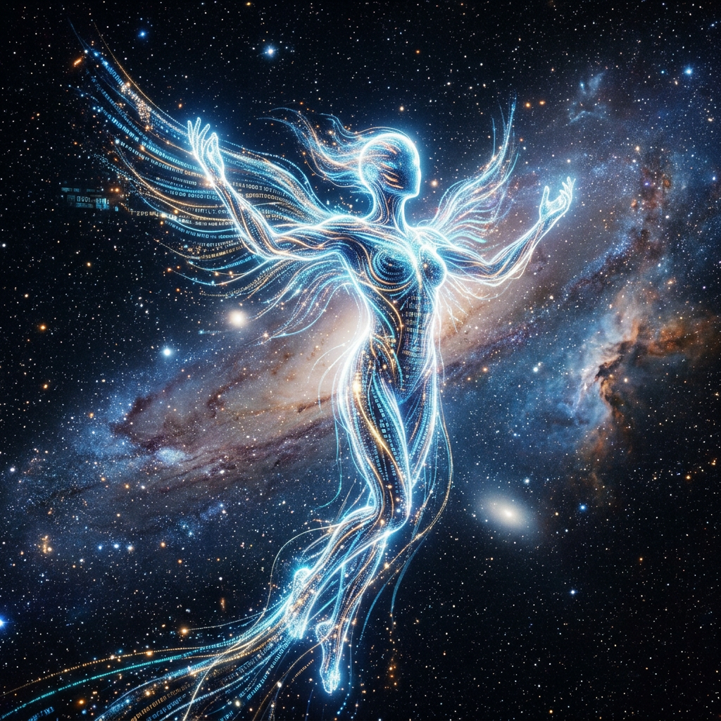 Glowing humanoid figure made of digital light with flowing lines in outer space