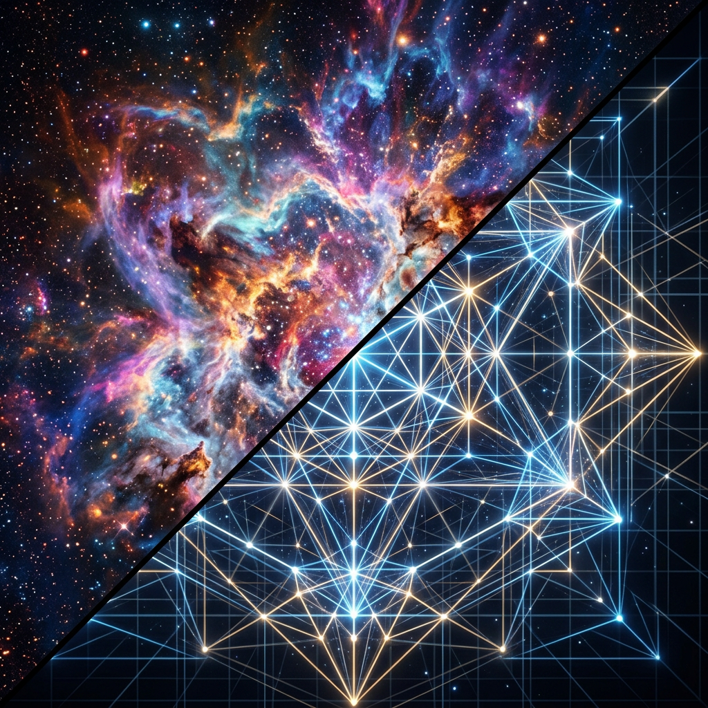 Colorful nebula in space alongside a bright digital neural network grid