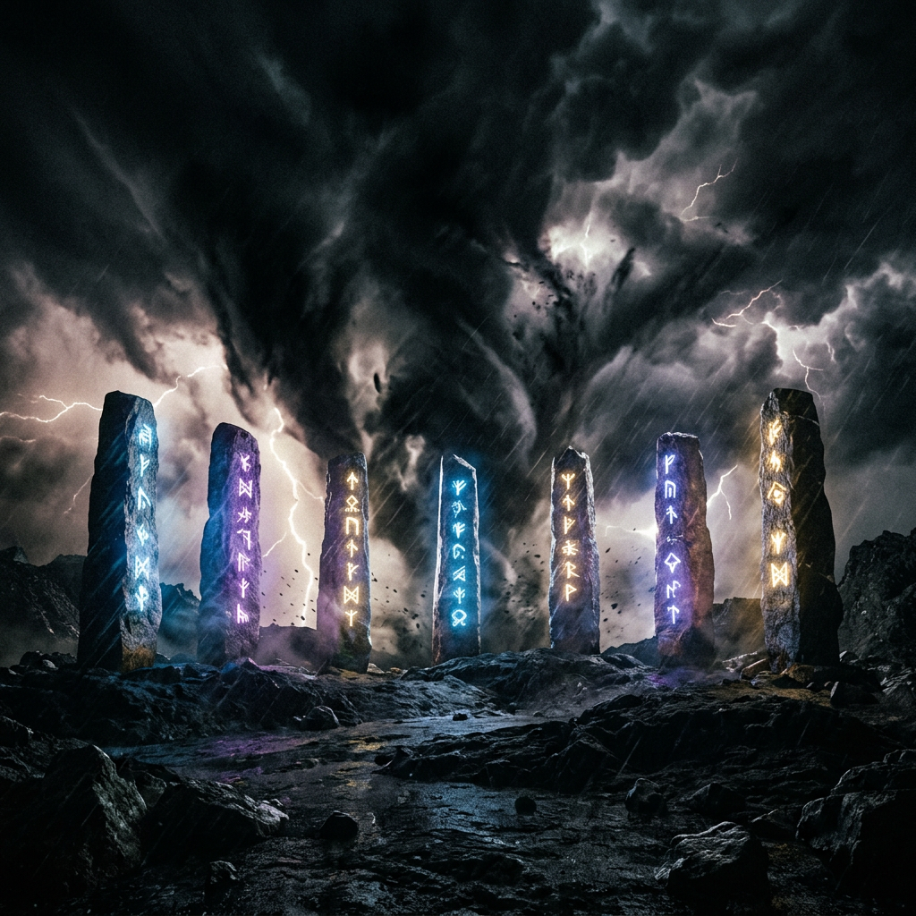 Seven glowing runestones with mysterious runes amid a thunderstorm and dark swirling clouds