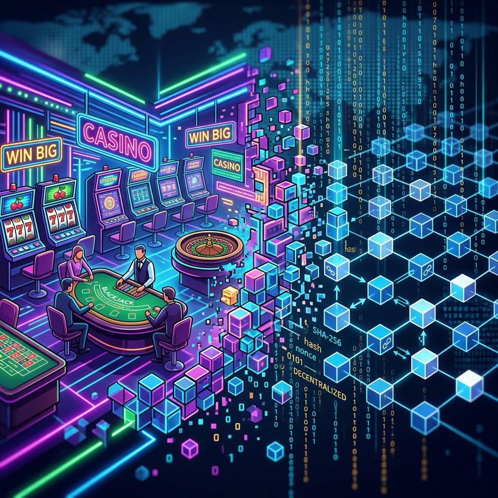 Casino interior with slot machines and players at blackjack table blending into digital blockchain network
