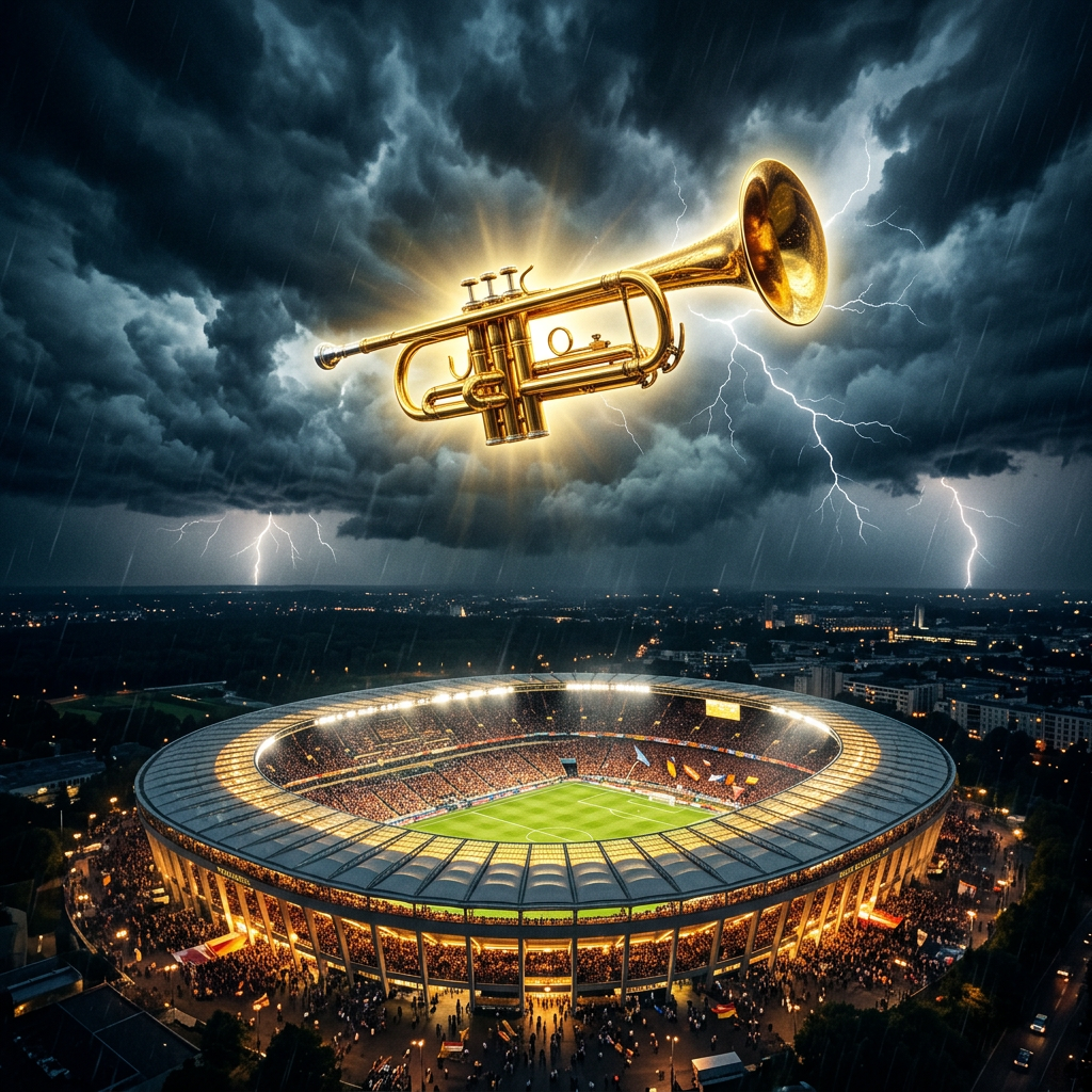 Golden trumpet glowing above a soccer stadium with dark storm clouds and lightning