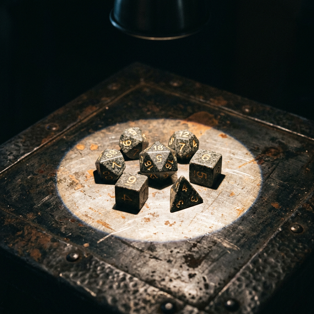 Worn polyhedral dice set on metal surface under spotlight