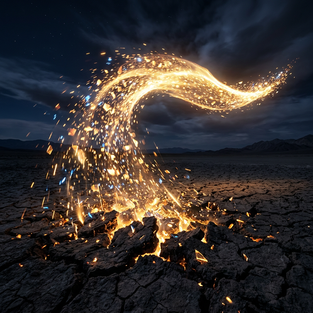 Swirling golden sparks rising from cracked dry earth under night sky