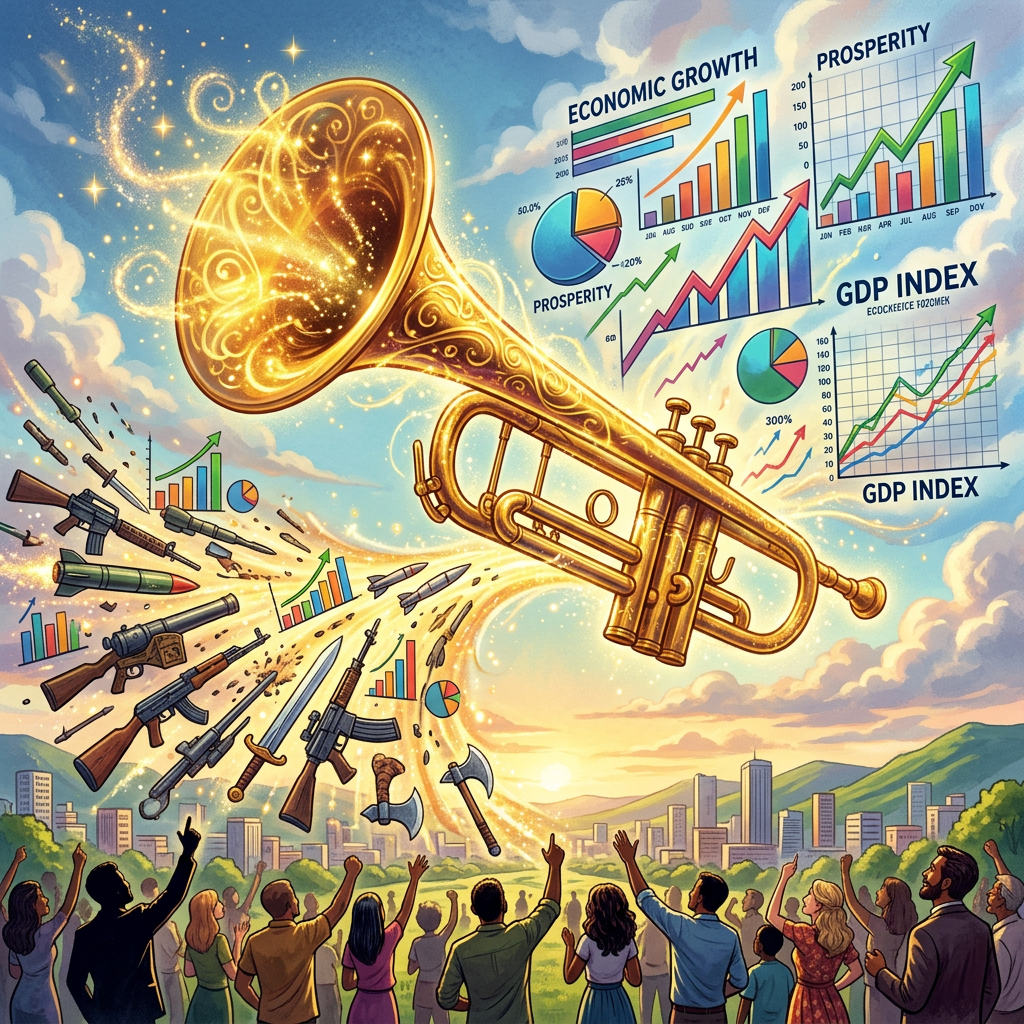Golden trumpet emitting magical light turning weapons into economic growth and prosperity charts